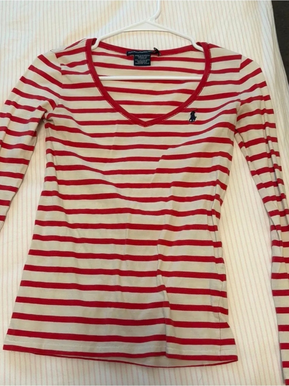 Polo by Ralph Lauren Red & Cream Striped V-Neck Long Sleeve Tee